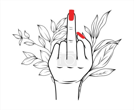 Woman hand with middle finger up, decorated by greenery branches, female hand with red polish isolated vector Illustration