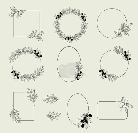 Illustration for Vector set of elegant geometric frames decorated by olive branches and leaves, hand drawn wedding card design, botanical borders and olive wreaths - Royalty Free Image