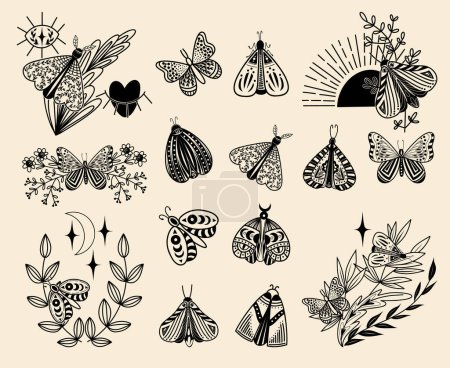 Téléchargez les illustrations : Ensemble de papillons célestes mystiques, fleurs et branches, illustration vectorielle florale et faunique, éléments floraux mystiques - en licence libre de droit