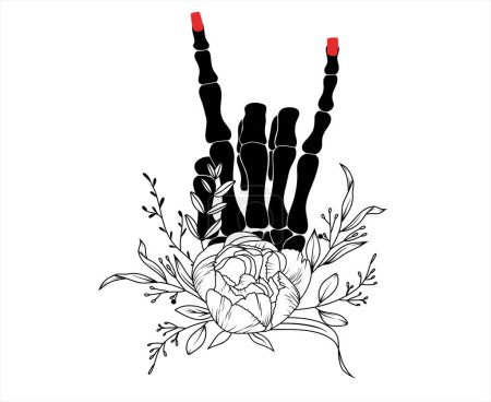 Illustration for Woman skeleton hand with red polish in rock n roll sign decorated by peony flowers,  hand drawn vector isolated illustration - Royalty Free Image