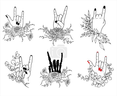 Ilustración de Conjunto de manecillas en rollo de rock n roll signo en decoración floral, manecillas de mujer con esmalte rojo y negro, esqueleto de mano en rollo signo, ilustración aislada vectorial dibujada a mano - Imagen libre de derechos