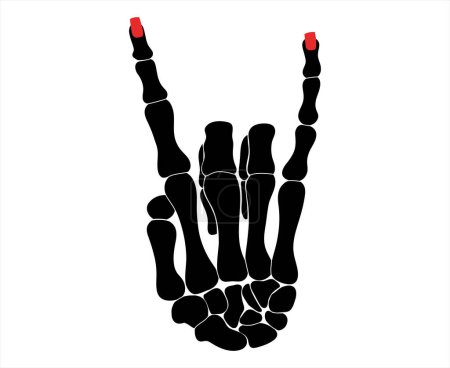 Ilustración de Mujer esqueleto mano con esmalte rojo en el signo de rock n roll, vector dibujado a mano ilustración aislada - Imagen libre de derechos