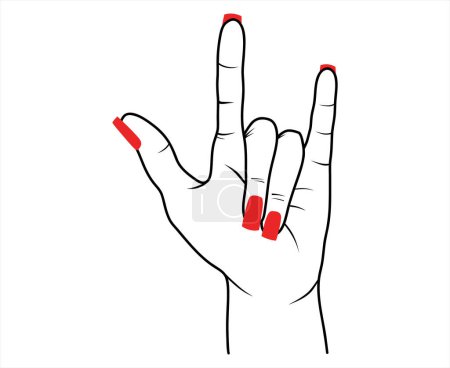 Woman hand with red polish in rock n roll sign, hand drawn vector isolated illustration