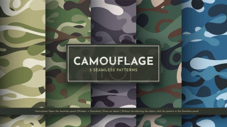 Conjunto de 5 patrones de camuflaje sin costura. Ilustración de guerra. Textura militar tradicional. Fondo moderno del ejército. Vector eps 10