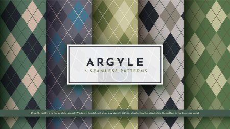 Illustration for Set 5 Seamless Military Argyle Pattern. Traditional Rhombus Texture. Fashionable Fabric. Textile Background. Vector eps 10 - Royalty Free Image