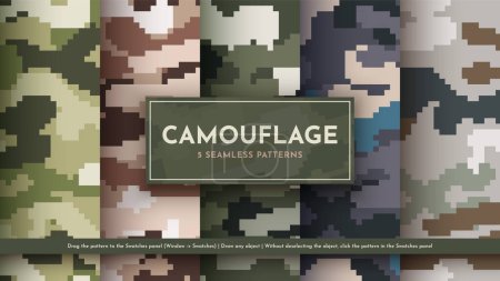 Set 5 Seamless Pixel Camouflage Patterns. War Illustration. Traditional Military Texture. Army Background. Vector eps 10
