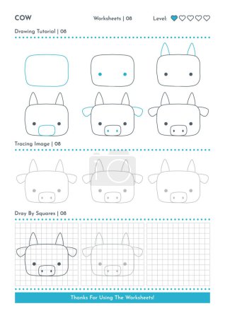 How to Draw Doodle Cow, Cartoon Character Step by Step Drawing Tutorial. Activity Worksheets For Kids. Vector eps 10