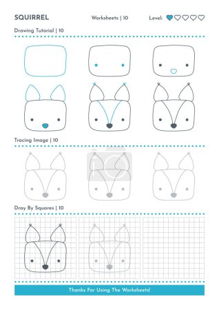 How to Draw Doodle Squirrel, Cartoon Character Step by Step Drawing Tutorial. Activity Worksheets For Kids. Vector eps 10