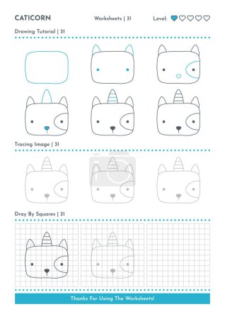 How to Draw Doodle Animal Caticorn, Cartoon Character Step by Step Drawing Tutorial. Activity Worksheets For Kids. Vector eps 10