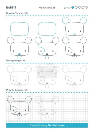 Cómo dibujar Doodle Animal Mouse, Personaje de dibujos animados Paso a Paso Dibujo Tutorial. Hojas de trabajo de actividad para niños. Vector eps 10