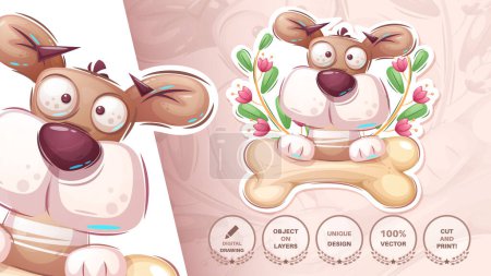 Cute Dog With Bone Sticker. Animal Cartoon Character. Childish Illustration. Hand Drawn Style. Vector eps 10..