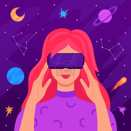 Téléchargez les photos : Metaverse digital world technology concept. Jeune femme en réalité virtuelle (VR) lunettes connectées à la simulation cyber metaverse. Expérience du réseau d'innovation, jeux AR. Style de vie futuriste - en image libre de droit