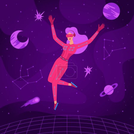 Viaje espacial en concepto metaverso. Mujer joven con gafas VR y traje VR volando entre planetas en el ciberespacio. Experiencia en redes de innovación, juegos AR. Estilo de vida futurista. Ilustración vectorial