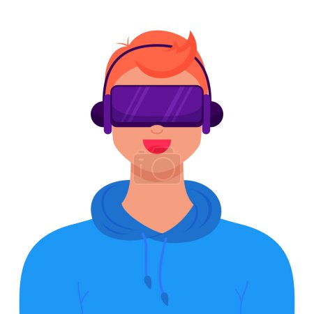VR and AR technology metaverse concept. Man wearing virtual reality headset and headphones. Digital world simulation, innovation network experience, AR gaming. Futuristic lifestyle. Vector