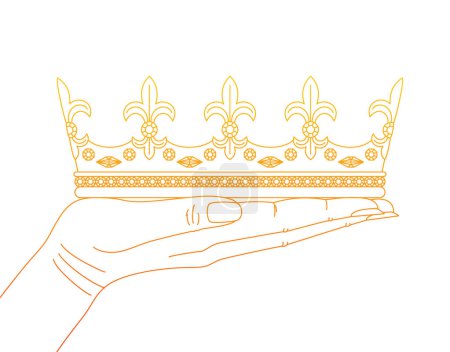 Téléchargez les photos : Hand holding a golden crown. Concept of an award ceremony or coronation. Template for logo design, icon, postcard, badge, print. Simple vector illustration of linear style - en image libre de droit