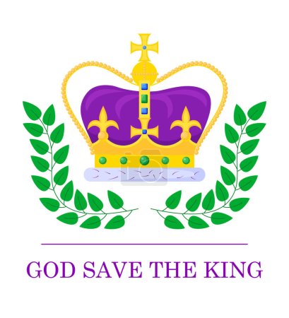 Téléchargez les photos : Poster with crown and inscription God Save the King. Design for occasion of taking throne, coronation and reign of King Charles III. Great for signboard, banner, greeting card, flyer, print. Vector - en image libre de droit