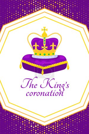 Téléchargez les illustrations : The King's coronation poster. Golden crown on purple pillow. Design for occasion coronation and reign of King Charles III. Great for signboard, banner, greeting card, flyer, invitations. Vector illustration - en licence libre de droit