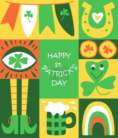 Foto de St Patrick's Day doodle greeting card. Trippy style. Fun Irish holiday celebration. Great for postcard, invitation, print, t-shirts, background, festive decor. Trendy y2k retro hippie print. Vector illustration - Imagen libre de derechos