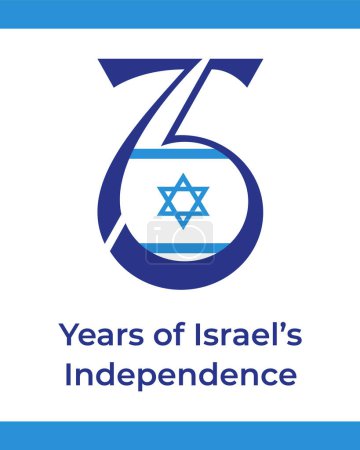 75 años aniversario Israel Día de la Independencia. Tarjeta de fiesta con el número 75 y la bandera israelí. Concepto para 75 años Yom Haatzmaut. Ilustración de estilo plano vectorial sobre fondo blanco