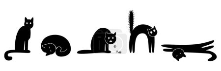 Téléchargez les photos : Cinq chats noirs dans différentes positions : assis, endormi, toussant, effrayé, étirant. Illustration vectorielle isolée sur fond blanc. - en image libre de droit