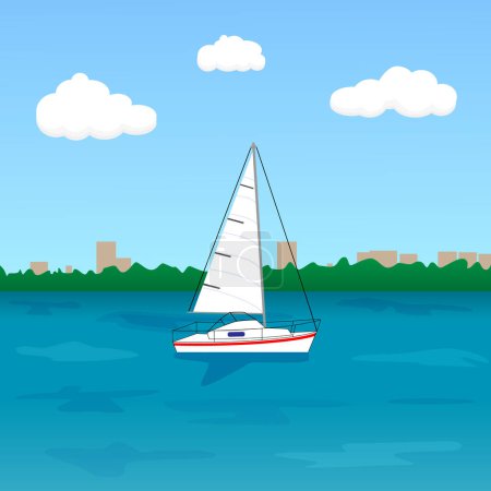 Téléchargez les illustrations : Voilier blanc flottant sur la rivière sur fond de remblai et de ville. Illustration vectorielle - en licence libre de droit