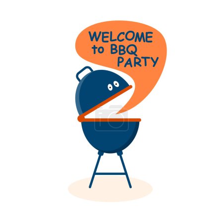 Illustration for Cartoon grill invites to a barbecue party. Welcome invitation to barbecue picnic. Design element for menu, poster, banner, announcement, bbq party. Vector illustration. - Royalty Free Image