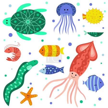 Illustration for Set with cute smiling sea animals - sea turtle, shrimp, jellyfish, squid, starfish, moray eels and various fish. Marine and ocean fauna isolated on white background. Flat cartoon vector illustration. - Royalty Free Image