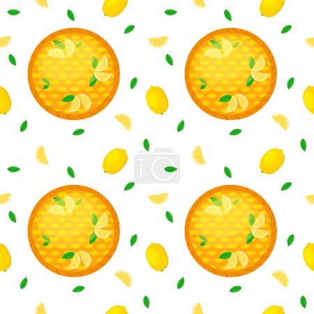 Téléchargez les photos : Motif sans couture avec tarte au citron maison entière et citrons. Dessert prêt à manger. Concept de Journée nationale de tarte ou jour de Thanksgiving pour le web, menu, emballage, textile, fond, tissu, tissu, papier peint - en image libre de droit