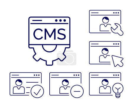 CMS Rollen. Setzen Sie das Symbol Content Management System. Administrator, Autor, Herausgeber, Benutzer, Gast. Website-Management-Software für die Erstellung von Inhalten, Veröffentlichung, SEO-Optimierung, Einstellungsunterstützung