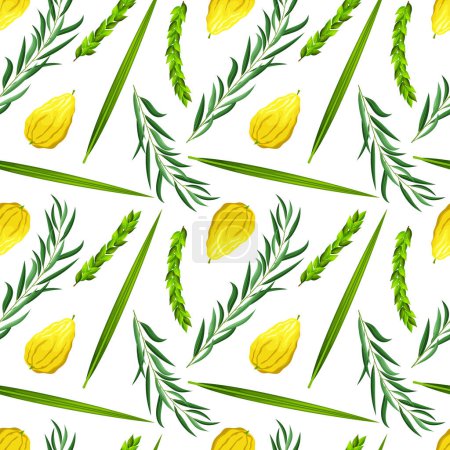 Illustration for Seamless pattern jewish holiday Sukkot. Feast of Tabernacles or Festival of Ingathering. Judaic religious symbols: etrog (citron), lulav (palm branch), hadas (myrtle), arava (willow). Repeating design - Royalty Free Image