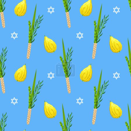 Illustration for Seamless pattern jewish holiday Sukkot. Feast of Tabernacles or Festival of Ingathering. Traditional judaic religious symbols: etrog, lulav, hadas, arava. Repeating design plants and citrus. Vector - Royalty Free Image