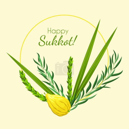 Illustration for Sukkot greeting card. Feast of Tabernacles or Festival of Ingathering. Circle frame with leaves and lemon. Traditional symbols: etrog (citron), lulav (palm branch), hadas (myrtle), arava (willow) - Royalty Free Image