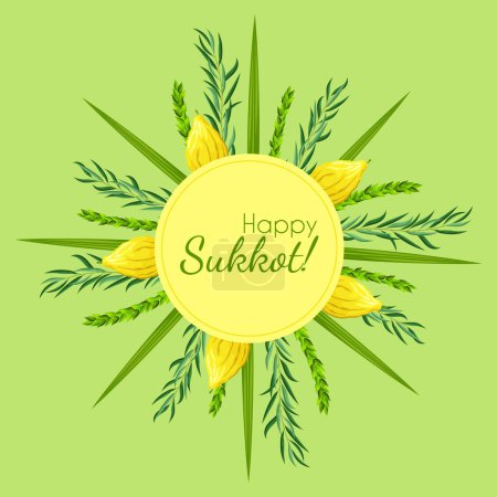 Illustration for Template greeting card holiday Sukkot with palm leaves, lemon and circle frame. Feast of Tabernacles or Festival of Ingathering. Traditional jewish religious symbols: etrog, lulav, hadas, arava - Royalty Free Image