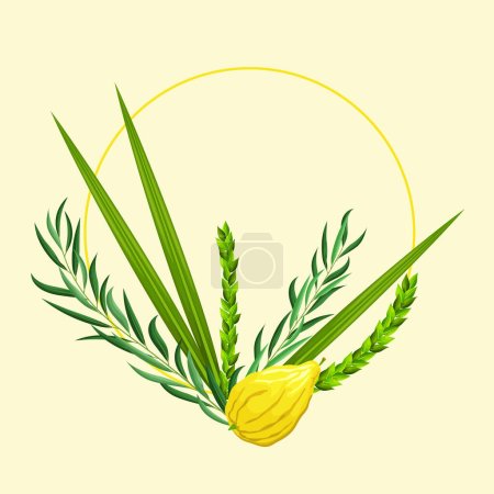 Illustration for Sukkot greeting card with blank space for congratulation text. Feast of Tabernacles or Festival of Ingathering. Circle frame with leaves and lemon. Traditional symbols: etrog, lulav, hadas, arava - Royalty Free Image