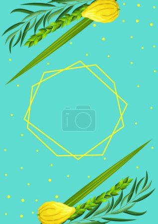 Illustration for Sukkot greeting card template with blank space for congratulation text and geometrical polyhedron. Feast of Tabernacles or Festival of Ingathering. Traditional symbols is etrog, lulav, hadas, arava - Royalty Free Image