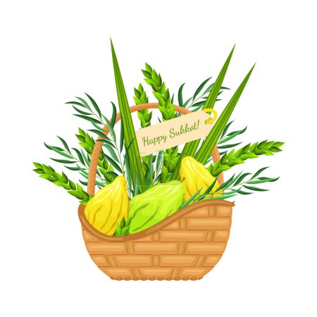 Illustration for Sukkot religious holiday. Wicker basket with traditional symbols of Jewish festival and greeting note. Element for Feast of Tabernacles or Festival of Ingathering with etrog, lulav, hadas, arava - Royalty Free Image