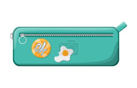 Illustration for Modern school pencil case with pin badges. Back to school and education concept. Kids pencil box isolated on white background. Design for banner, poster, social media, marketing, study promotion ad - Royalty Free Image
