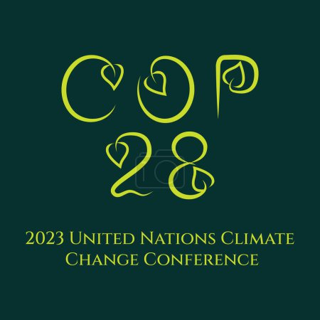 Foto de COP 28. Conferencia anual de las Naciones Unidas sobre el cambio climático. 30 Nov - 12 Dec 2023, Dubai, Emiratos Árabes Unidos. Letras con hojas. Banner de la cumbre internacional del clima. Ilustración vectorial - Imagen libre de derechos