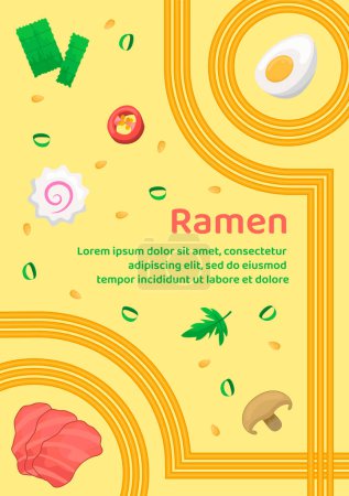 Illustration for Ramen soup with meat, egg, mushrooms, kamaboko, pepper, nori and geometric wavy lines of noodles. Asian instant noodle, pasta or spaghetti. Japanese, Chinese wavy template for poster, menu, card, ad - Royalty Free Image