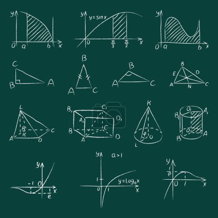 Chalk various geometric shapes. Hand drawn white chalked triangle, square, cones and function graphs are drawn on green school chalkboard background. Set of mathematical figures and functions