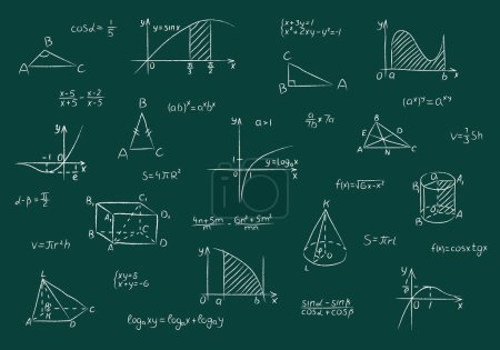 Kreide aus mathematischen Zahlen, Funktionen, Formel, Berechnung und Gleichung. Handgezeichnete weiße geometrische Dreiecke, Quadrate, Kegel und Funktionsdiagramme werden auf grüne Schultafel gezeichnet