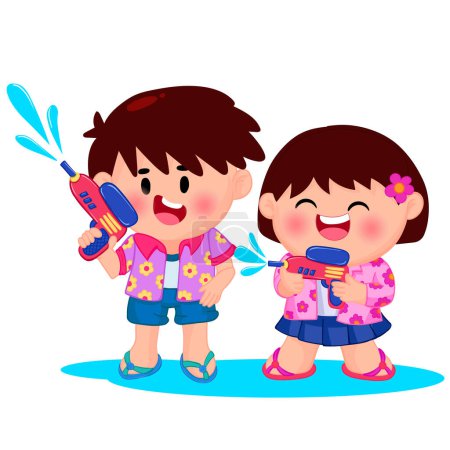 Niedliche kleine Kinder spielen am Songkran-Tag mit Wasserpistole