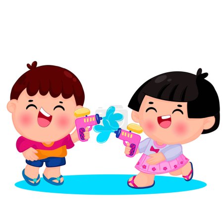 Cute little children playing with water gun on Songkran day