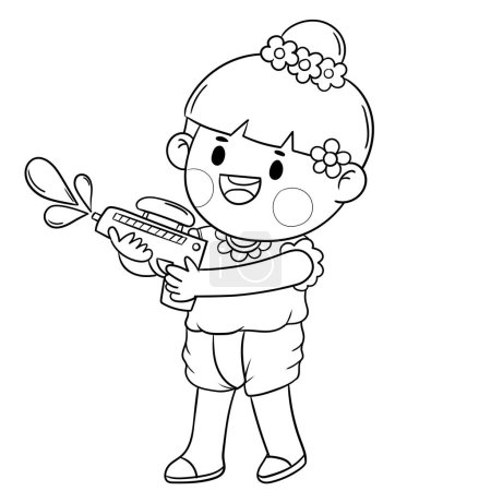 Cute little children playing with water gun on Songkran day.Hand drawn styles 
