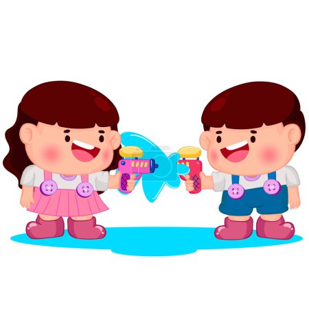 Cute little children playing with water gun on Songkran day.line art