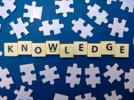 Téléchargez les photos : Toys word and white puzzle with the word KNOWLEDGE on a blue background. - en image libre de droit
