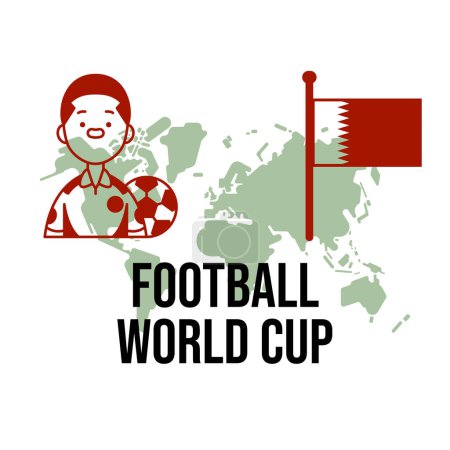 Foto de Ilustración simple icono de fútbol, bandera de qatar y mapa del mundo icono con texto FÚTBOL WORLD CUP. - Imagen libre de derechos