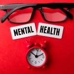 Alarm clock and glasses with the word MENTAL HEALTH on red background.