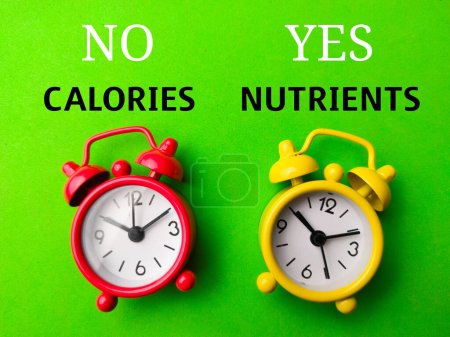 Photo for Alarm clock with text NO CALORIES and YES NUTRIENTS on a green background - Royalty Free Image