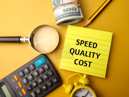 Sticky note,clock,banknote and magnifying glass with the word SPEED QUALITY COST on yellow background
